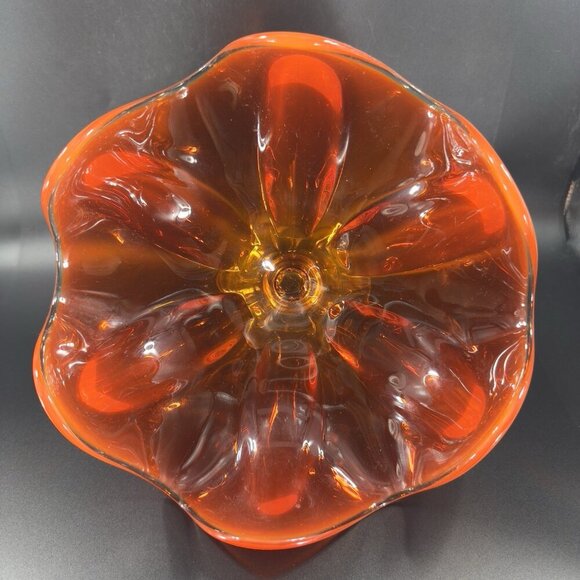 MCM Viking Glass Epic Line Footed Compote Dish Bowl Six Pedal Persimmon Glass - Picture 9 of 16